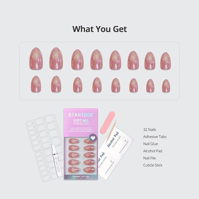 BTArtbox Press On Nails Short - Pink Cat Eye Almond Press On Nails with Glue for Women, Opaque Soft Gel Glue On Nails in 16 Sizes - 32 Stick On Nails Kit, Tassel Shine
