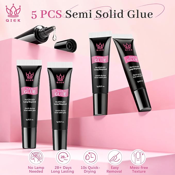 Nail Glue for Press on Nails 5g*5Pcs, Super Strong Quick Drying Semi Solid Glue On Nails, Press on Semi-Solid Gel for Nail Tips & Acrylic Fake Nails, No UV Light Needed, Long Lasting 28+ Days