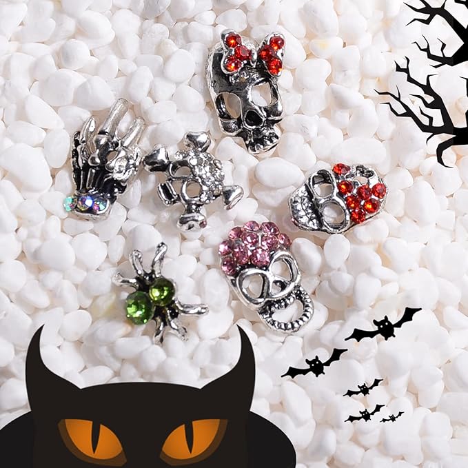 Halloween Nail Charms Rhinestones Decorations - 60Pcs/Box Multi Shape Halloween Nail Accessories Metal Punk Vintage Sliver Nail Design for DIY Nail Art Craft