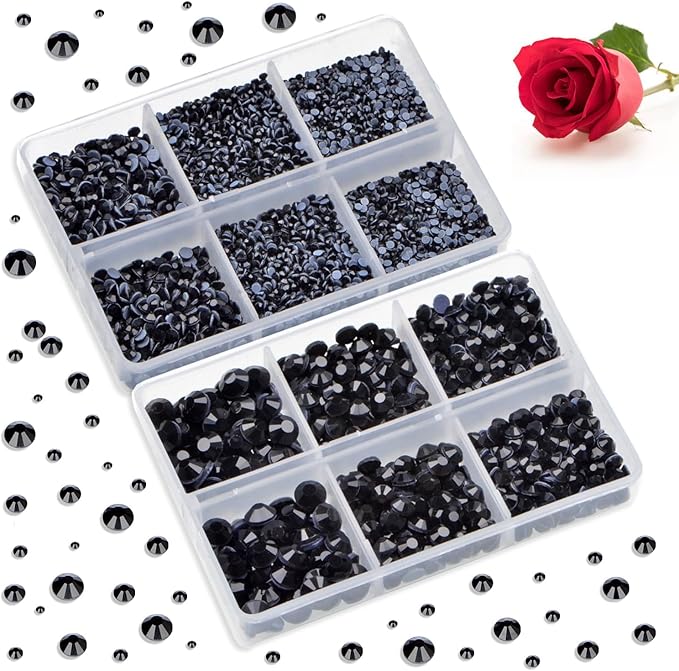 Bymitel Hotfix Crystal Rhinestones Round Gems for Crafts,Mixed 6 Sizes with Wax Pencil Kit, Black 1.6-6.3mm SS4-SS30/8000pcs
