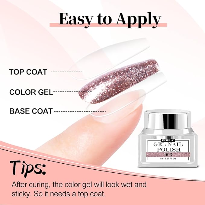 NXJ INFILILA Rose Gold Glitter Gel Nail Polish, Reflective Shimmer Gel Liner for Nail Art, Holographic Sparkle Long-lasting Color Soak Off UV Lamp Cured Gels for Art Manicure Salon DIY at Home B03