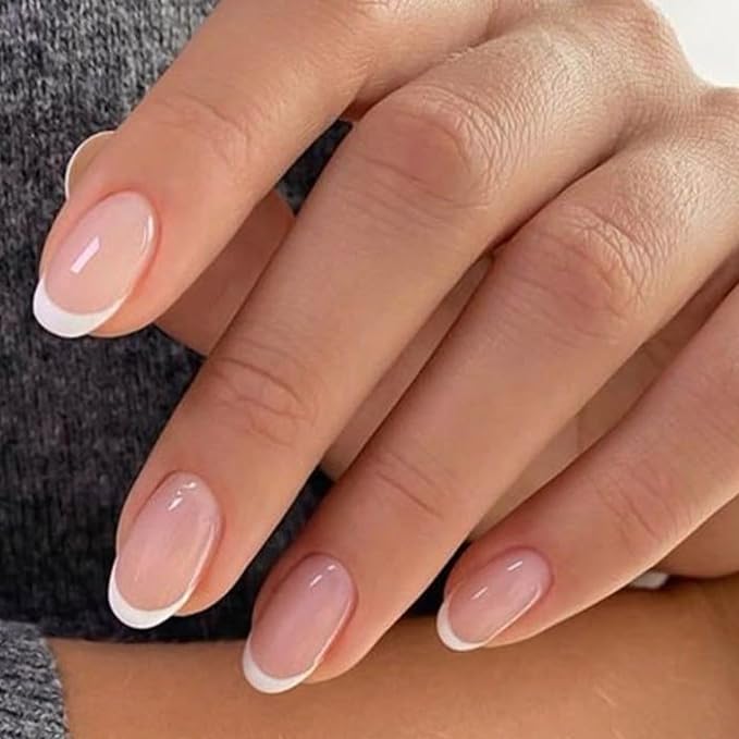 modelones French Tip Press On Nails, Short Oval Fake Nails Press Ons with Nail Glue, Adhesive Tabs, Nail File, Prep Pad, Manicure Stick, 32Pcs 16 Sizes, Nude, Spring Women Girl Gift