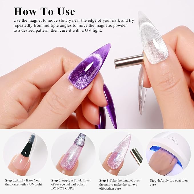 Imtiti Cat Eye Gel Nail Polish, 15ML Purple Holographic Glitter, Magnet UV LED Magnetic Gel Nail Polish Crystal Galaxy Sparkly Home DIY Manicure Nail Salon Kit