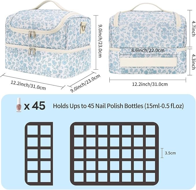 CUBETASTIC Nail Polish Organizer, Nail Supplies Storage Case Holds 45 Bottles Nail Polish & Nail Lamp, Travel Nail Tech Carrying Bag, Nail Kit Bag For Nail Stuff & Manicure Tools