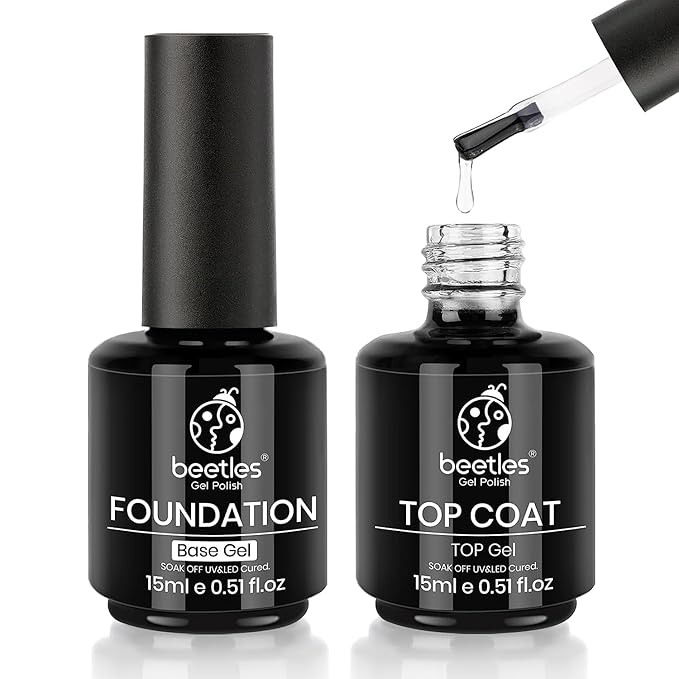 Beetles 2 Pcs 15ml No Wipe Gel Top Coat and Base Coat Set - Shine Finish and Long Lasting 12 Colors Gel Builder for Nails 8-in-1
