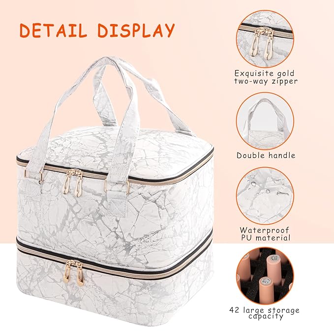 Nail Polish Organizer, Double Layer Nail Polish Storage Bag Carrying Case Holds 42 Bottles with Nail Dryer Lamp Portable Manicure kit supplies Organizer （White）