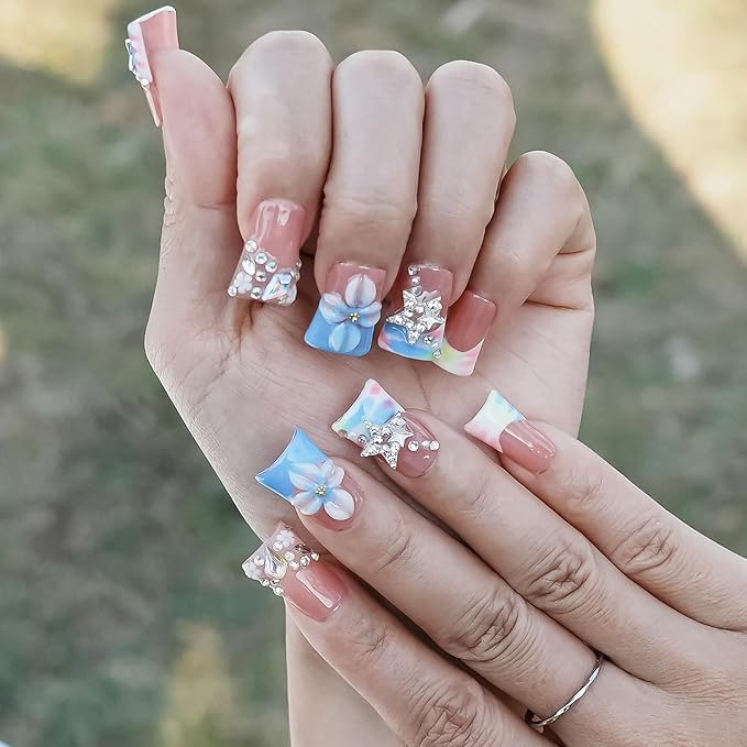 Press on Nails Duck Shape 3D Floral Metallic Star Design Luxury Thick Acrylic Fake Nails Rhinestones Petal Flower French Tip Blue False Nails (Pastel Pink-Blue Stellar,M)