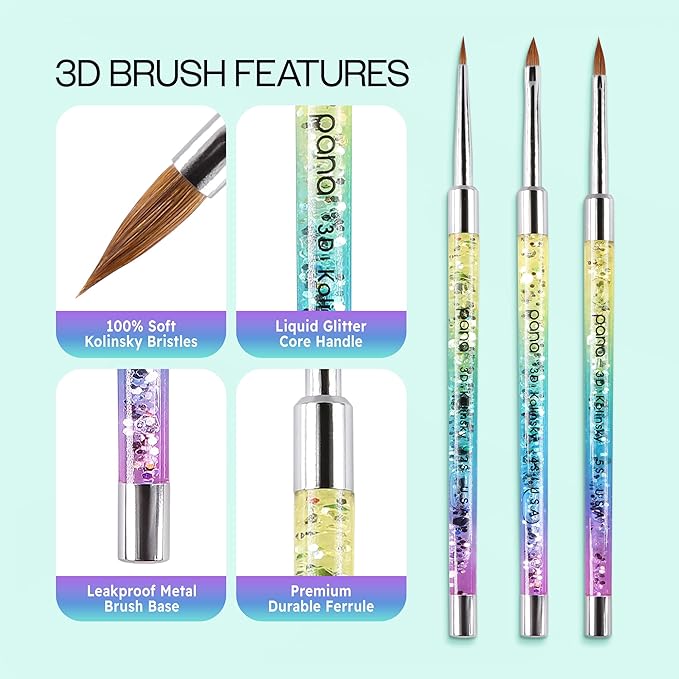 PANA Kolinsky 3D Acrylic Nail Brushes with Liquid Glitter Handle - For Professional Acrylic Powder Liquid Manicure Pedicure (Rainbow Color, Size #2)