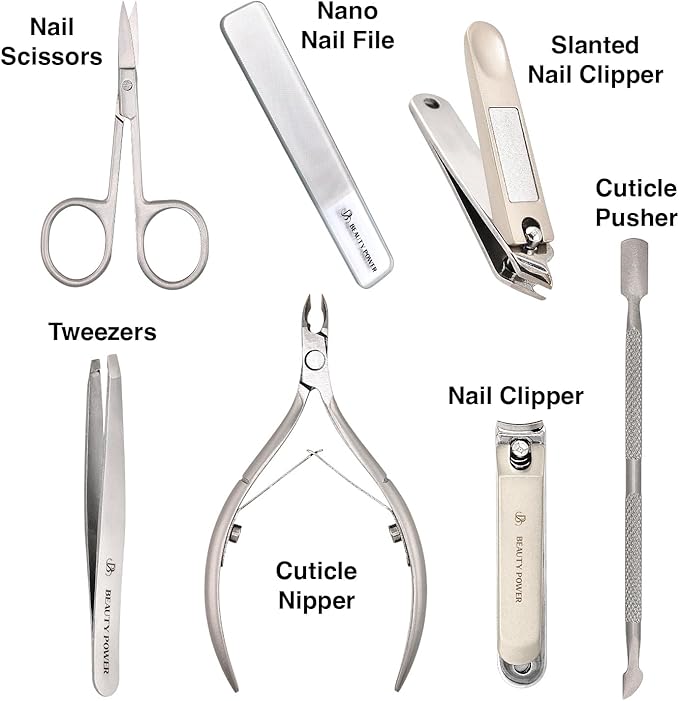 Manicure Pedicure Set 7-in-1 Stainless Steel, Ultra Sharp, Slanted Nail Clipper, Fingernail Clipper, Cuticle Nipper, Glass Nail File, Eyebrow Tweezers, Scissors, Case – Valentine's Gift