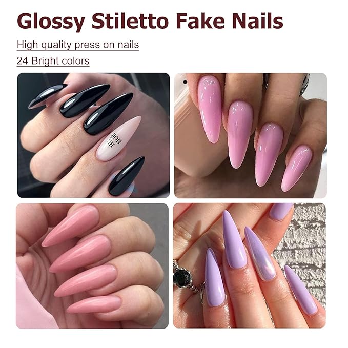 AddFavor 576pcs Long Stiletto Press on Nails 24 Solid Colors Glossy Full Cover Fake Nails Acrylic Artificial False Nail Tips 12 Sizes for Women Girls Nail Art Design