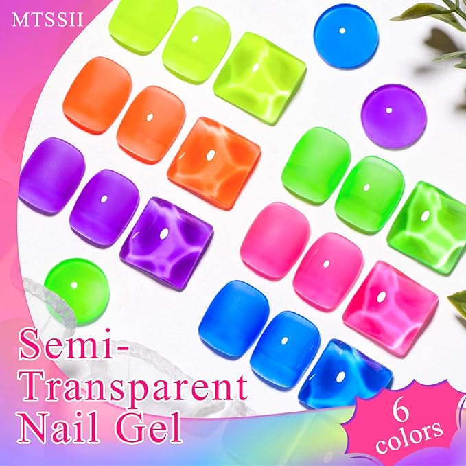 MTSSII Jelly Gel Nail Polish Translucent Neon Nail Polish Hot Pink Blue Purple Rainbow Neon Yellow Green Orange Gel Polish See Through Nail Trend Soak Off UV LED Nail Art Manicure Kit