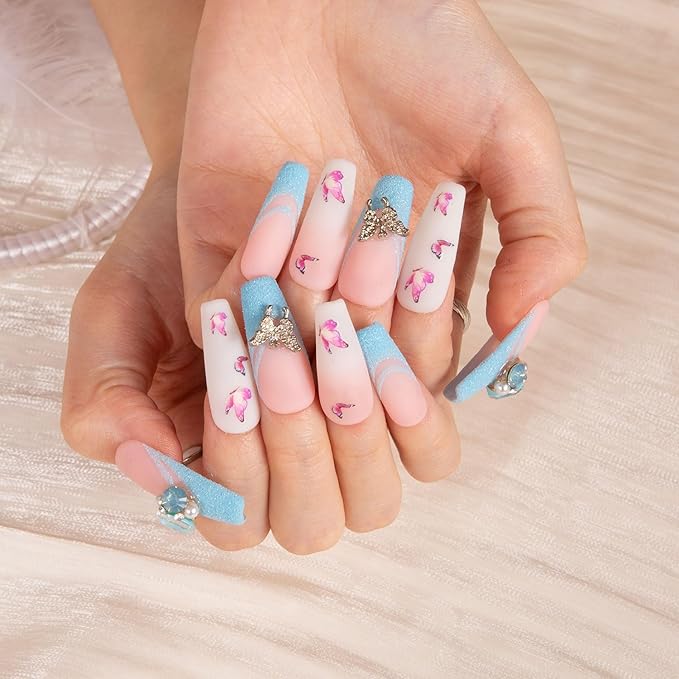 LOVFUL Press on Nails Sky Dance French Tip | Handmade with Full Covered Crystals | Reusable Full Cover Nails | Coffin Classic Regular 1.3 in | H282-M
