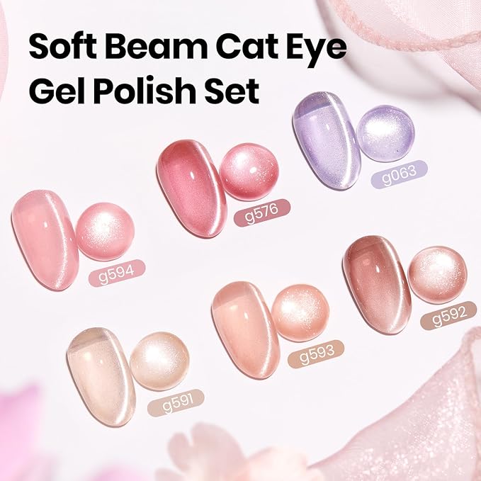Beetles Gel Polish Soft Beam Cat Eye Gel Nail Polish Set - 6 Colors Nude Pink Brown Purple Glitter Gel Nail Kit Magnetic Shine Soak Off UV Winter Salon DIY Manicure Gift for Women