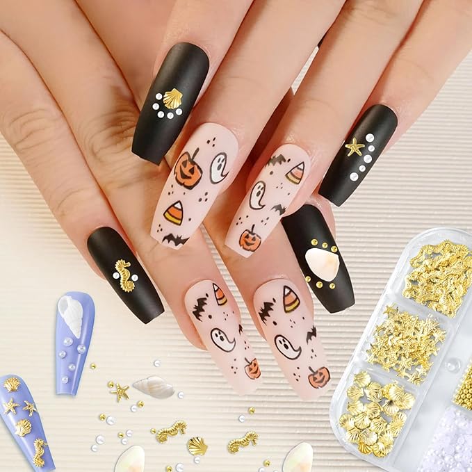 2 Boxes Ocean Nail Art Charms, 3D Metal Nails Stickers, Beach Starfish Seashell Decals Manicure DIY Embellishments for Women- Gold & White