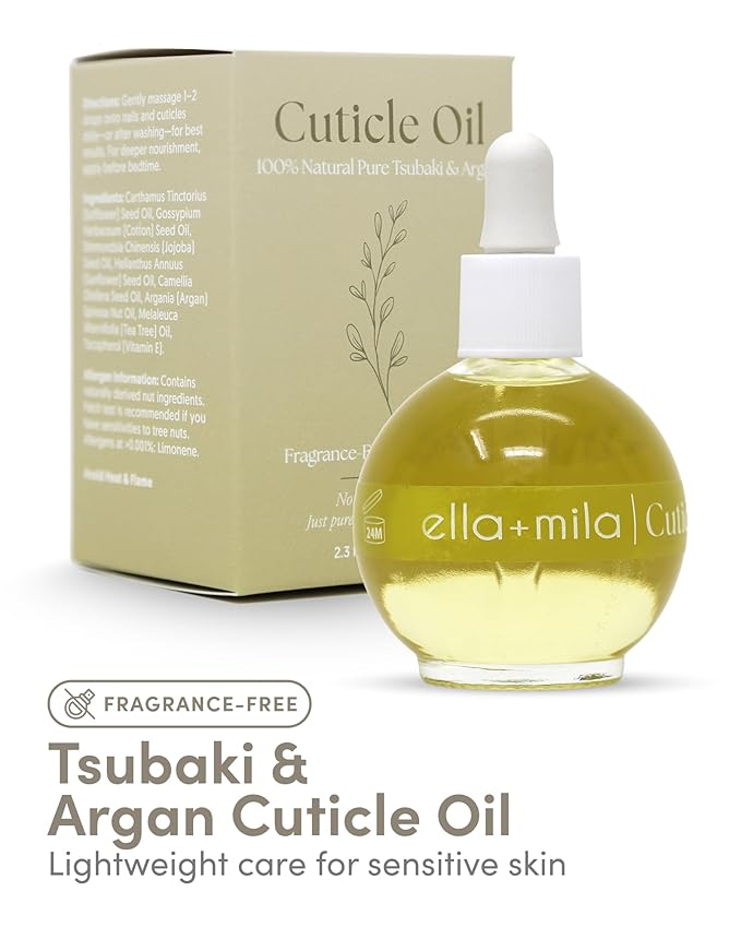 ella+mila Fragrance-Free Cuticle Oil with Pure Tsubaki & Argan - 100% Natural Nail & Cuticle Treatment - Vegan - 2.3 fl oz