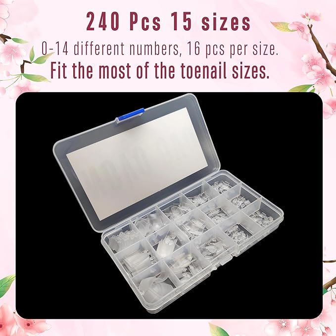 NOVO OVO Fake Toe Nail Tips Sharp Square Half Cover, Soft Gel Toenail Extension, Prefiled Clear Double Matte C Curve for Pedicure Acrylic Press on for Salon, Longtoes Claw Toenails x 15 Sizes 240 Pcs