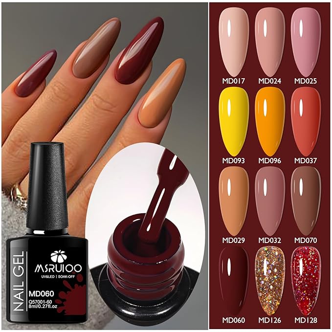 12Pcs Nude Brown Gel Nail Polish Set Caramel Gel Polish Kit Roasted Chestnuts Chocolate Glitter Gel Polish Fall Winter Nail Art Manicure Kit DIY Salon Gift