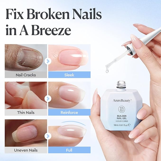 AZUREBEAUTY 7-in-One Clear Builder Nail Gel, 18ml – Nail Strengthener, Extension & Rhinestone Glue for Salon/Home DIY (Base/Top Coat Required)