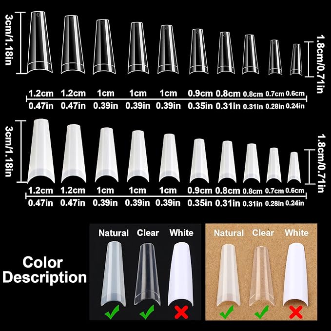 FEBSNOW 1000 PCS French Coffin Ballerina Nail Tips Acrylic Nails Artificial Half False Flake Nail Tips 10 sizes with Clear Plastic Cases for Nail Salon Nail Shop DIY Nail Art Ballerina Nails