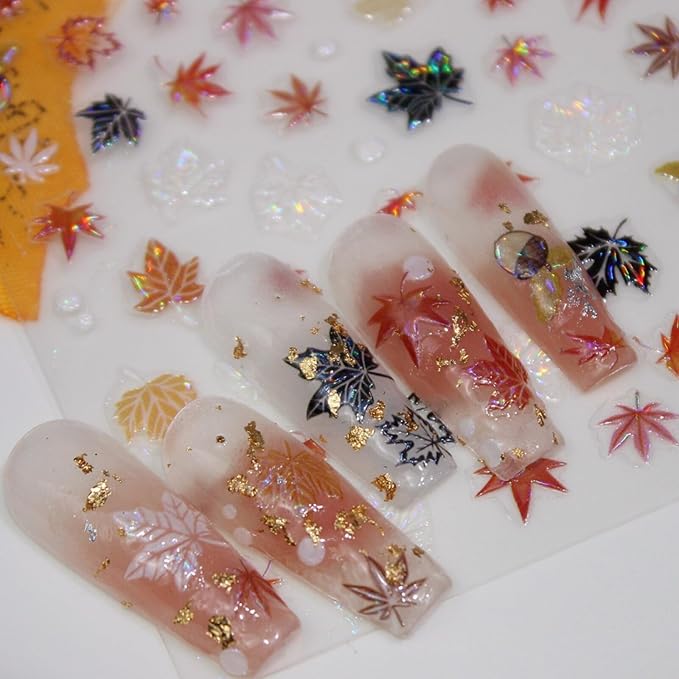 Fall Nail Stickers Thanksgiving 5D Embossed for Glitter Maple Leaves Glitter Nail Art 3D Self-Adhesive Nails Decoration Autumn Holiday Nail Decals DIY for Women Girls Manicure Supplies 4 Sheets