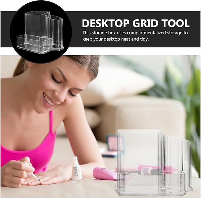 Nail Tool Organizer Box Compact Acrylic Desktop Storage Case with Divided Compartments for Grinding Machine Bits Manicure Brushes Cosmetics Holder