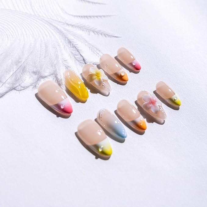 10PCS Luxury Handmade Press On Nails Nude Gradient Cat's Eye with Pearl Bow & Sparkling Rhinestones for Wedding & Party Reusable Almond Fake Nails Design Gift For Women and Girls (25903, S)