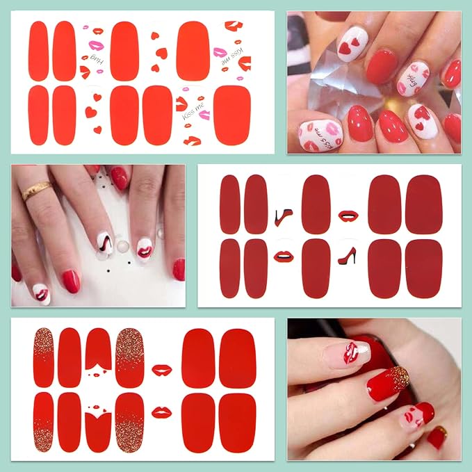 WOKOTO 16 Sheets Nail Polish Strips with Nail File Valentines Day Nail Stickers Full Nail Wraps for Acrylich Nails Heart Shapes Gel Nail Strips Stickers for Nails Self-Adhesive Nail Polish Stickers