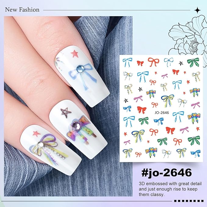 6 Sheets Bow Nail Sticker 3D Embossed Self-Adhesive Color Bow Art Nails Decals 5D Design Stickers Supplies for Women Girls Manicure Decoration 807-8
