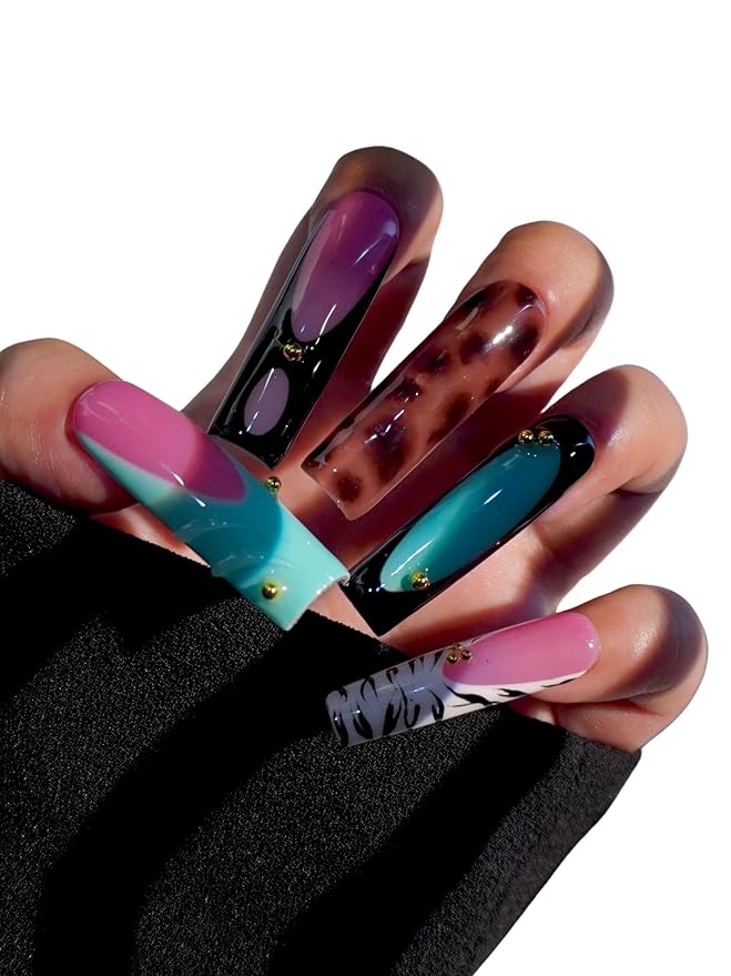HAND-PAINTED White Press Ons Neon Small Press on Nails Long French Press on Nails Coffin Medium Short Nail art Fake Nail Art Kit with 7g Glue on Nails Handmade Almond Square Nails (X-Small, J6)