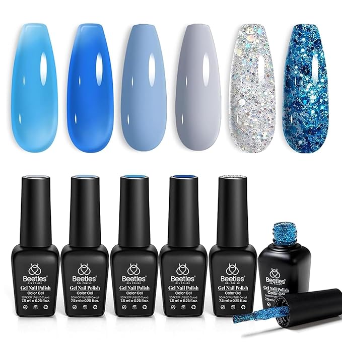 Beetles Blue Gel Polish, 6 Colors Jelly Blue Gel Polish Sliver Glitter Nude Gray Translucent Nail Polish Chasing Breeze Jelly Gel Nail Art Design UV Led Soak off Nails Manicure for Girls Women