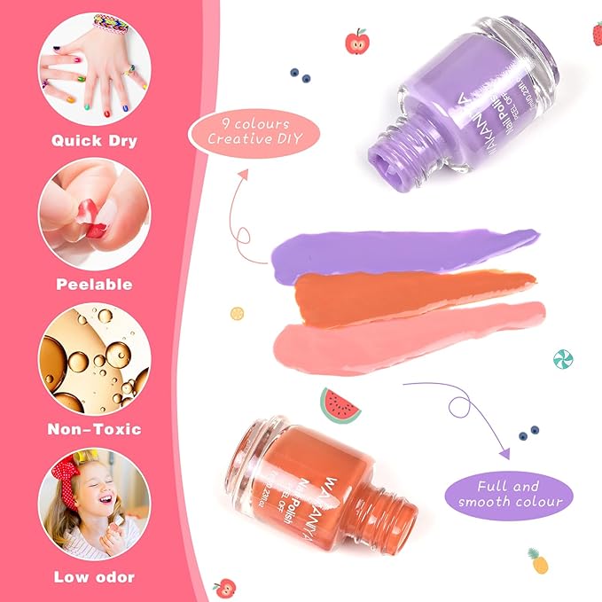 Quick Dry Kids Nail Polish Set for Girls, Non-Toxic Toddler Water-Based Nail Polish Kit with Gems Stickers 9 Colors Peelable Fingernail Set for Ages 3+