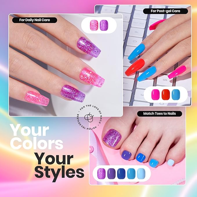 Beetles Quick Dry Neon Nail Polish Set - Glitter Rainbow Nail Polish Set 12 Colors Regular Air Dry Fingernail Polishs Pack for DIY Nail Art Salon Home Women Valentine Gift