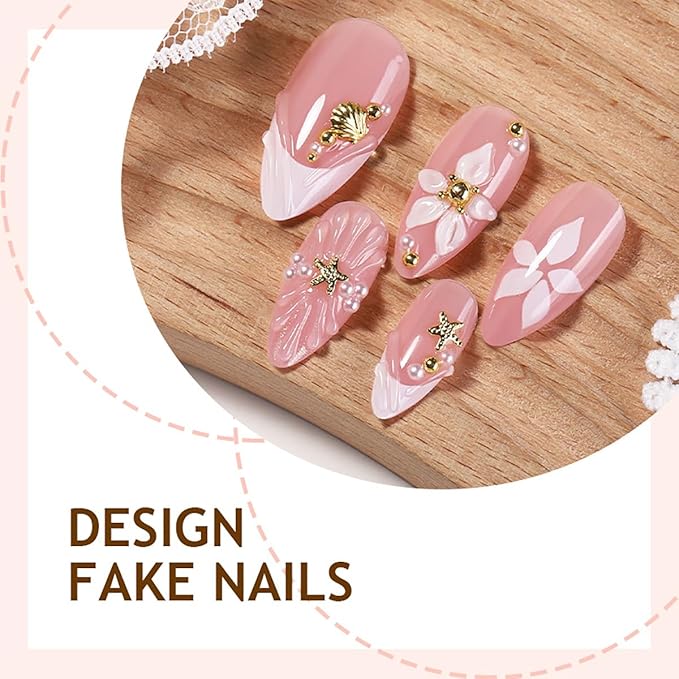 24Pcs 3D Almond Press on Nails Medium White French Tip Fake Nails Gold Beads Shell Starfish Rhinestones Design Flower Glue on Nails Spring False Nails Handmade Acrylic Nails for Women Manicure