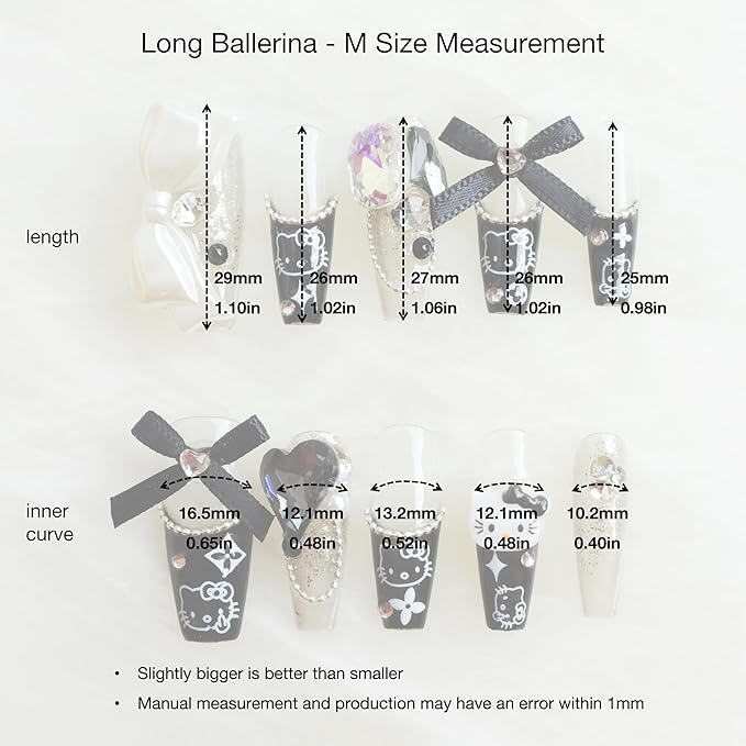 [GLORS] Purly Handmade Long Ballerina Press on Nails | Black False Nail with Cute Kitty | Salon Quality in Long Coffin Nail (M, LC)