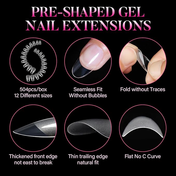 AIMEILI Short Oval Acrylic Nail tips Fake Nails, Pre-shape 504pcs Round Soft Gel Nail Tips Press on Nails for Full Cover False Nails 12 Sizes