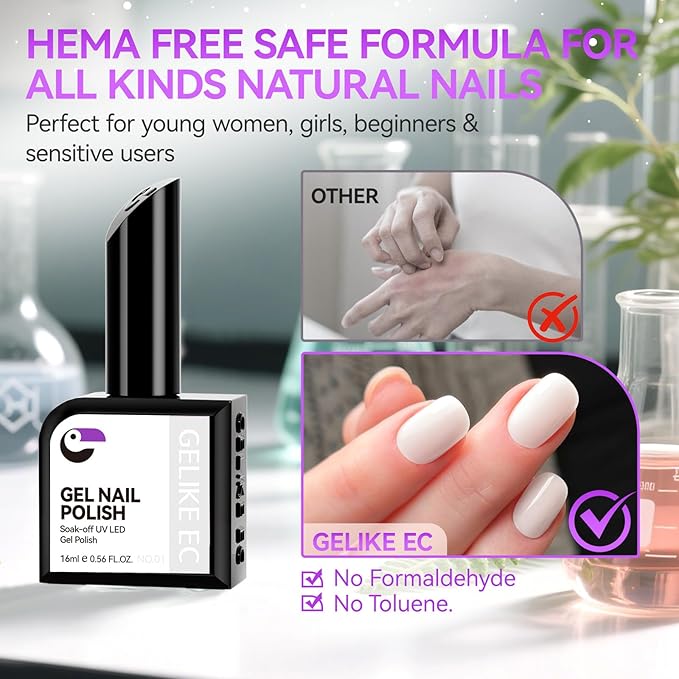 gelike ec Gel Nail Polish White Color Long Lasting for Women False Nail Tips 16ml - High Gloss for Professional Salon Workers Wedding Events with Smooth Brush