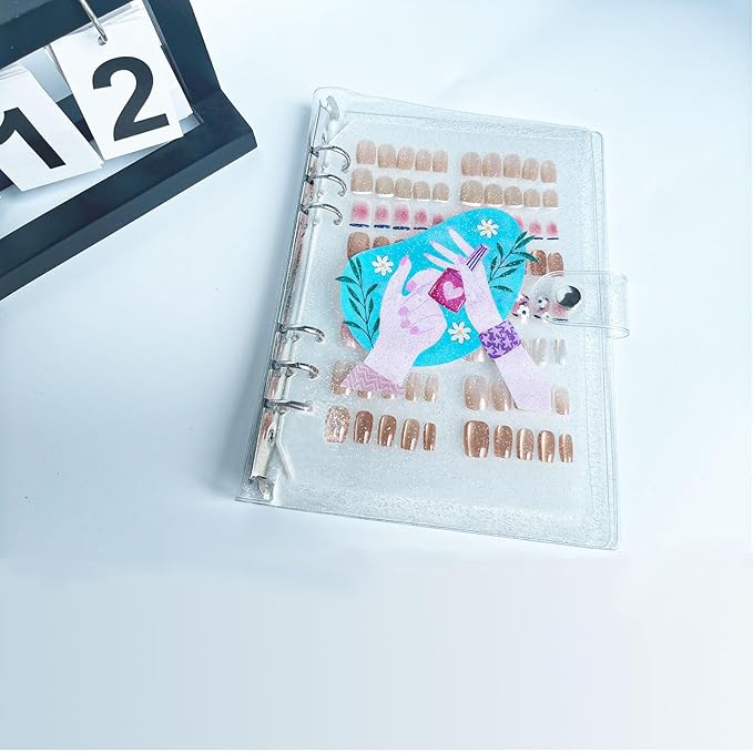 Press On Nail Organizer,10 PCS,A5 Glitter PVC Cover Binder,Press On Nail Packaging for Fake Nail Storage Nail Display Nail Salon Press On Nail Supplies Organizer with Nail Tape(A5(9.37 * 6.89 * 1inch)