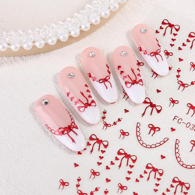 6Sheets Bow Nail Art Stickers Decals 3D Self Adhesive Cute Nail Decals Gold Silver Red Heart Bow Nail Supplies Design Valentines Nail Stickers French Tip Nail Decorations for Women DIY Manicure