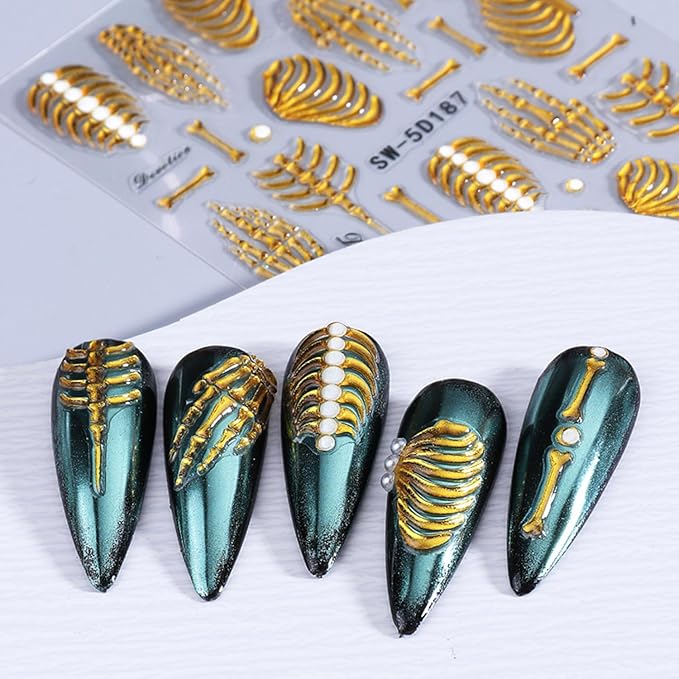 6 Sheets Halloween Gold Nail Art Stickers Decals Spider Web Nails Stickers with Rhinestones Design 5D Skull Nails Decal Self-Adhesive Bat Nail Art Decal for Women Halloween Decor