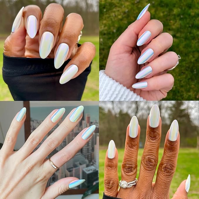 Olive & June Maximalist Instant Mani Press-On Nails (Glue) | 42 Fake Nails, 21 Sizes | Non-Toxic, Long-Lasting Big, Bold Gorgeous Realistic Look | Salon-Quality | Long, Almond | Iridescent Chrome
