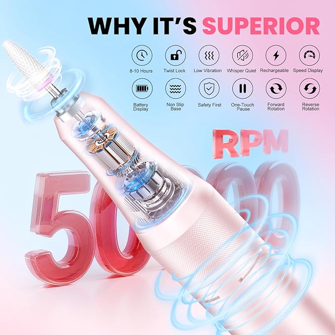 High Speed Nail Drill for Acrylic Removal, 50,000 RPM Pro E-File with LCD, Bits Kit & Anti Slip Pad, MG101L Quick Gel Removal, Precise Shaping, Portable for Nail Art Practice & Salon Use