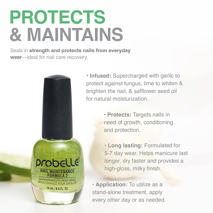 Probelle Nail Maintenance Formula 2, Nail Hardener and Strengthener for soft, brittle, and splitting nails - Reinforces, protects, conditions, strengthens, grows fingernails 5 fl oz/ 15 mL