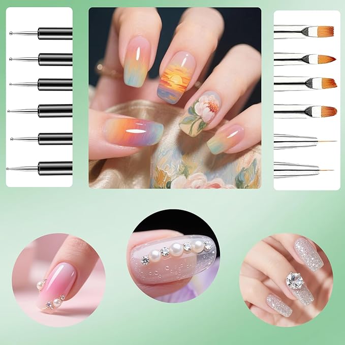 11Pcs Nail Art Painting Tools Set - 6 Pcs Double Ended Nail Art Painting Brsuh Dotting Pen and 5 Pcs Nail Art Liner Brushes