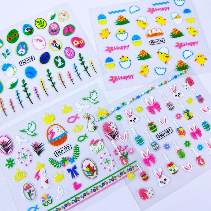 30 Sheets Easter Nail Stickers Cute Bow Chick Carrot Rabbit Nail Art Stickers Flower Tree Easter Egg Nail Decals 3D Self-Adhesive Cartoon Bunny Nail Art Decals for Women Holiday Nail Designs
