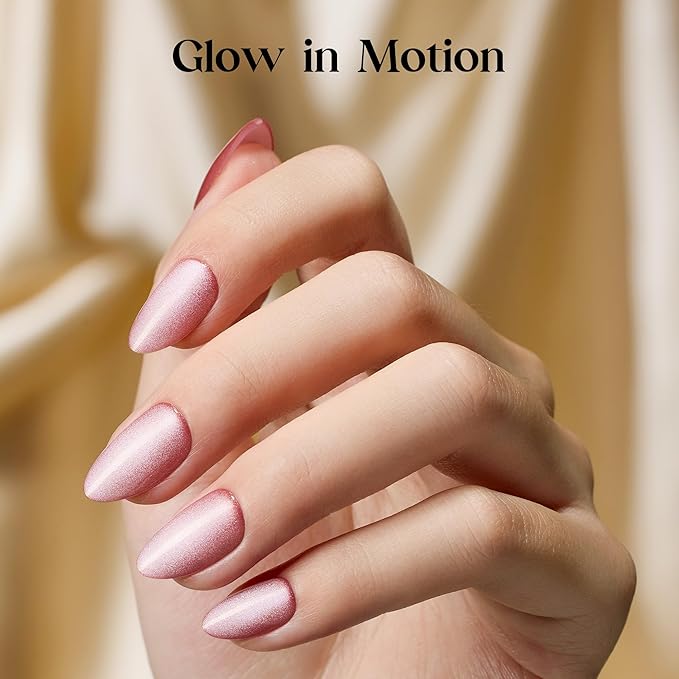 Beetles Motion Glow Cat Eye Press On, Short Almond Press On Nails Kit with Fast-Dry Nail Glue & Adhesive Tabs, 32pcs 16 Sizes, Girls Stick On Nails for Women Blossom Glow