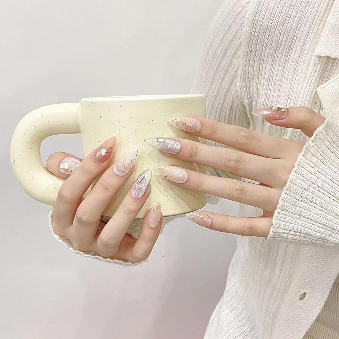 Handmade Press on Nails,Reusable False nails,Acrylic Fake Nails Kit,Luxury glitter orange white silver rhinestone Design Nail Art Kit,Include Toolkit,10pcs,Size L，#1947