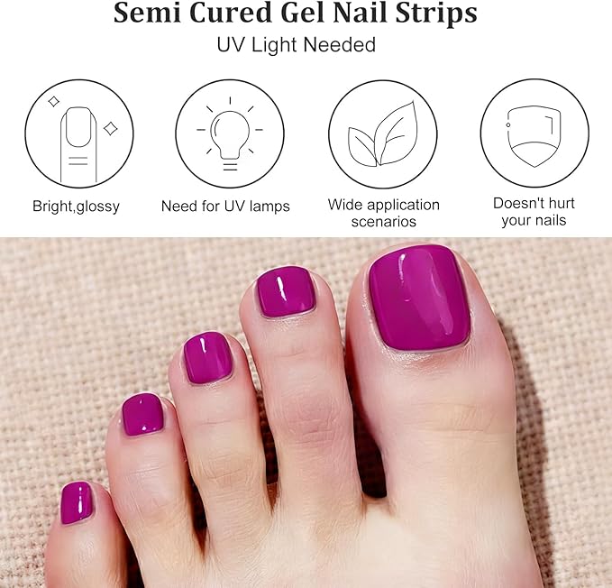 32 Pcs Semi Cured Gel Toe Nail Strips Berry Pink Gel Nail Stickers Full Cover Nails Wraps Self Adhesive Toe Nails Polish Strips Stickers for Women UV/LED Light Required