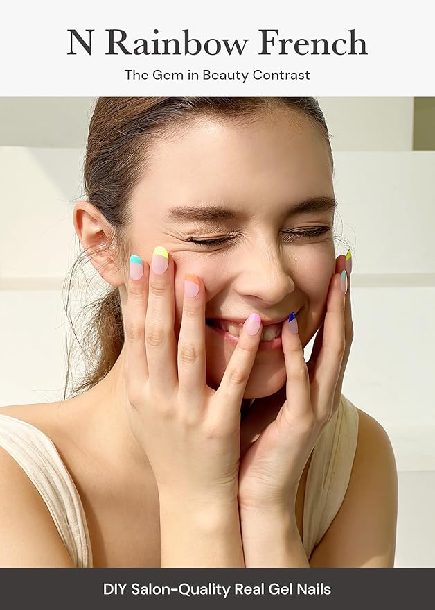 ohora Semi Cured Gel Nail Strips (N Rainbow French) - Nude, French, Works with UV/LED Lamps, Salon-Quality, Long Lasting, Easy to Apply & Remove - Includes 2 Prep Pads, Nail File & Wooden Stick