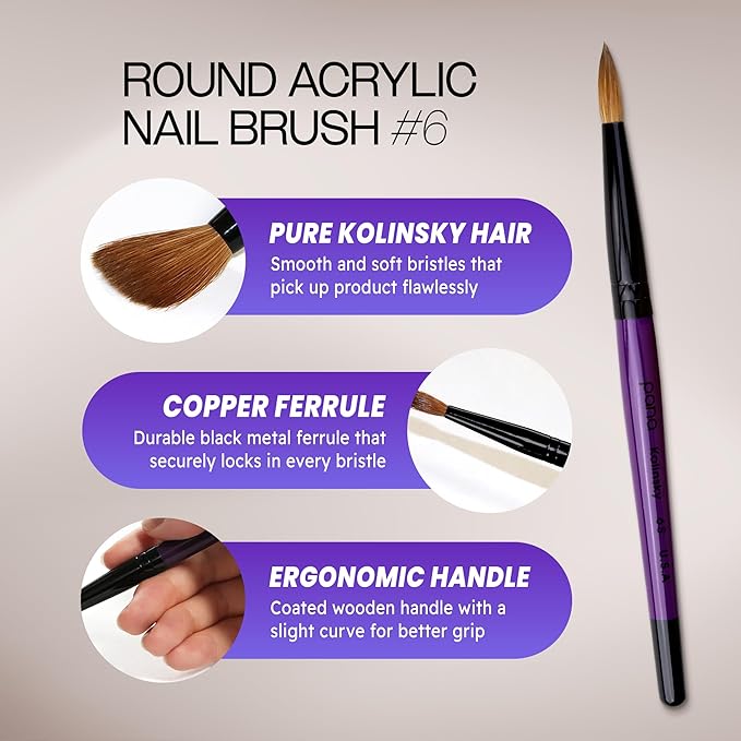 PANA Pure Kolinsky Hair Acrylic Nail Brush - Round Shape Black Ferrule with Purple Wood Handle (Size 6)