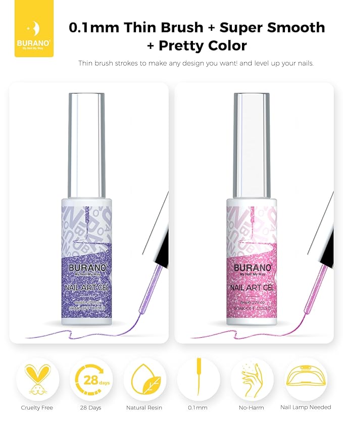 BURANO Gel Nail Polish Liner Nail Art Polish, Silver Gold Painted Gel Nail Design Polish 2 Bottle 8ml, Build in Thin Nail Brush Curing Required LX16 LX28